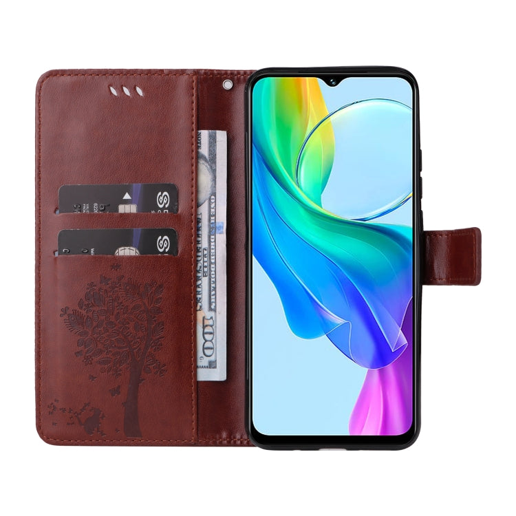 For vivo Y03 Tree & Cat Embossed Pattern Flip Leather Phone Case