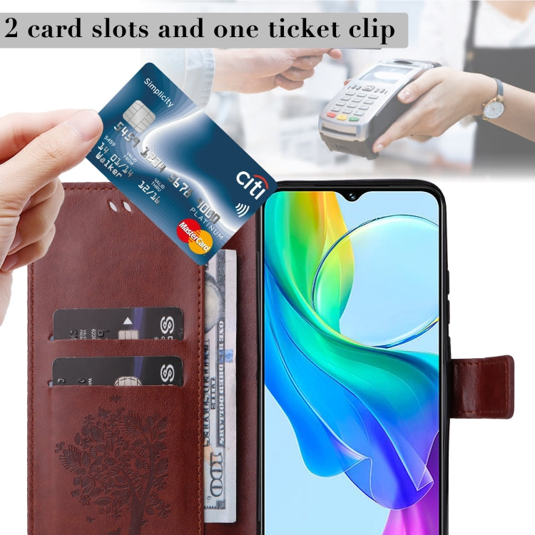 For vivo Y03 Tree & Cat Embossed Pattern Flip Leather Phone Case