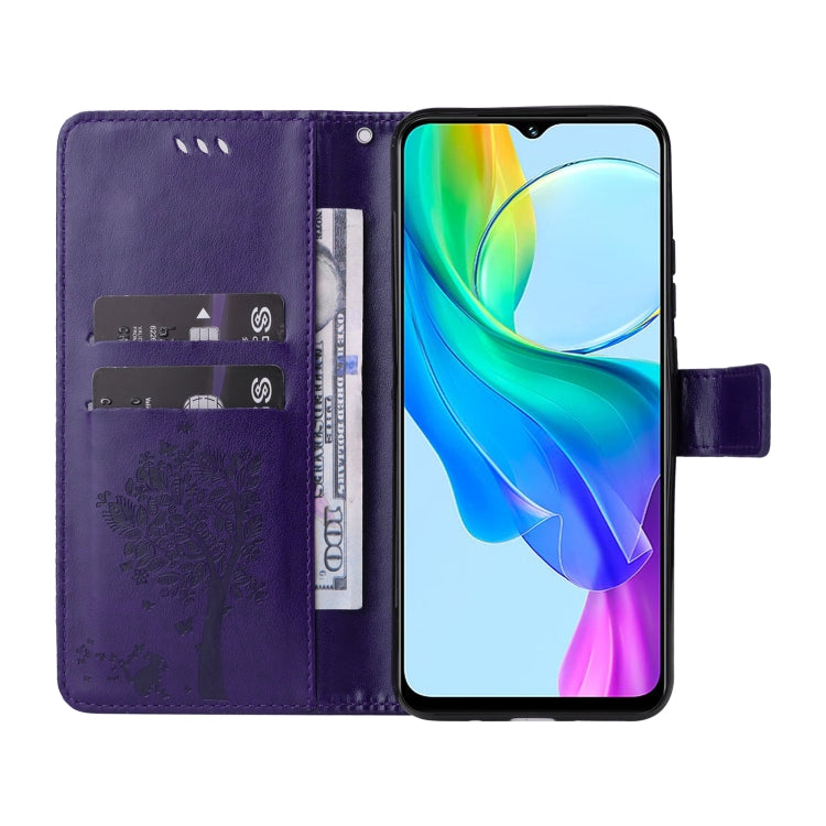 For vivo Y03 Tree & Cat Embossed Pattern Flip Leather Phone Case