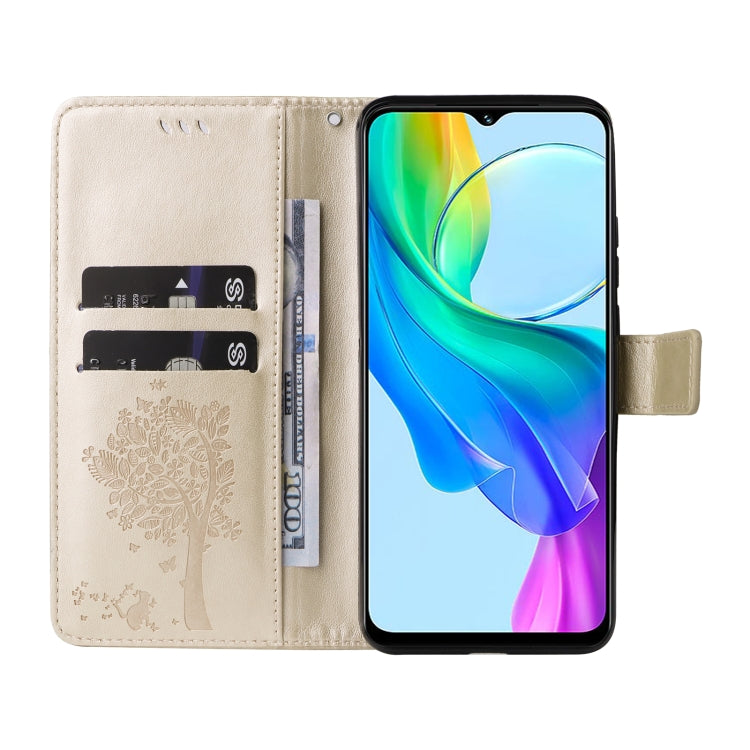 For vivo Y03 Tree & Cat Embossed Pattern Flip Leather Phone Case