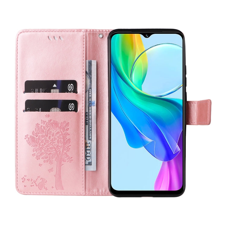 For vivo Y03 Tree & Cat Embossed Pattern Flip Leather Phone Case