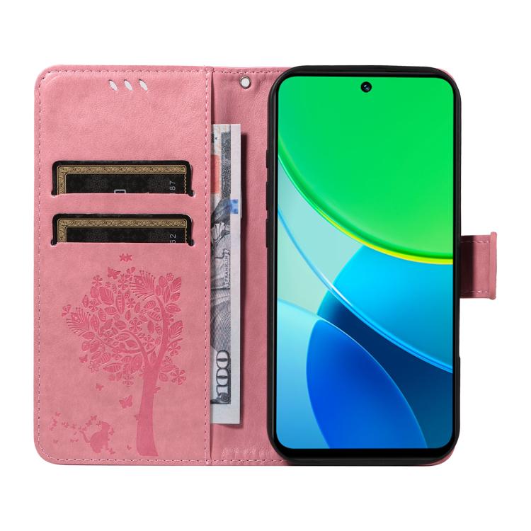 For vivo Y19 4G Global Tree & Cat Embossed Pattern Flip Leather Phone Case