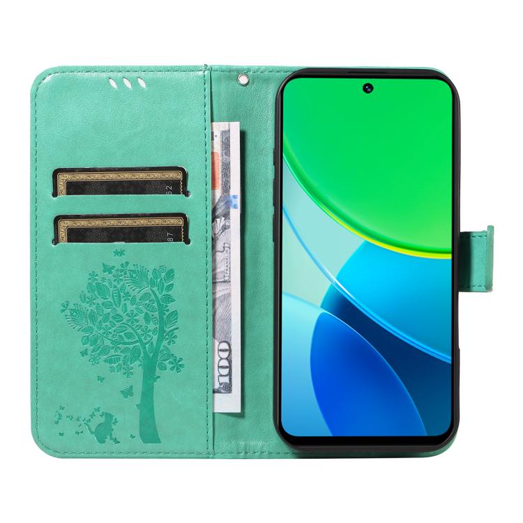 For vivo Y19 4G Global Tree & Cat Embossed Pattern Flip Leather Phone Case