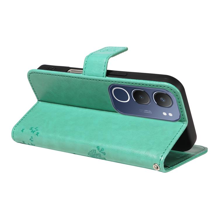 For vivo Y19 4G Global Tree & Cat Embossed Pattern Flip Leather Phone Case