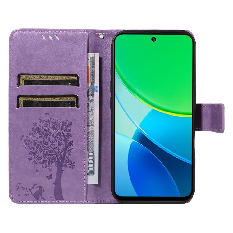 For vivo Y19 4G Global Tree & Cat Embossed Pattern Flip Leather Phone Case