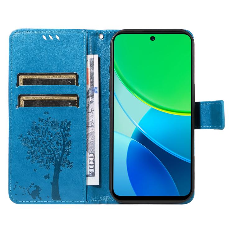 For vivo Y19 4G Global Tree & Cat Embossed Pattern Flip Leather Phone Case