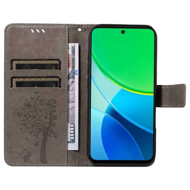 For vivo Y19 4G Global Tree & Cat Embossed Pattern Flip Leather Phone Case