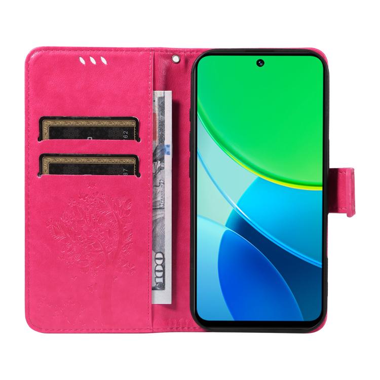 For vivo Y19 4G Global Tree & Cat Embossed Pattern Flip Leather Phone Case