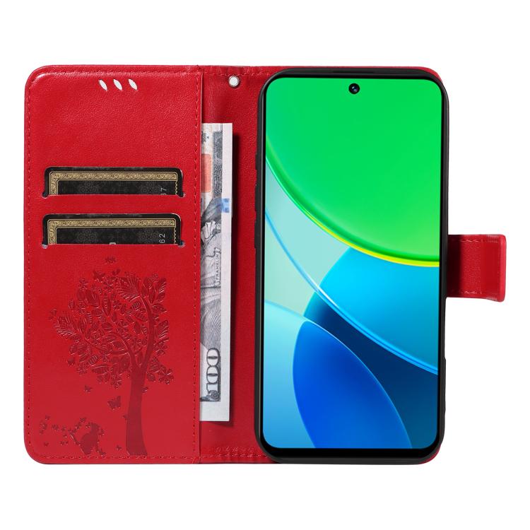 For vivo Y19 4G Global Tree & Cat Embossed Pattern Flip Leather Phone Case
