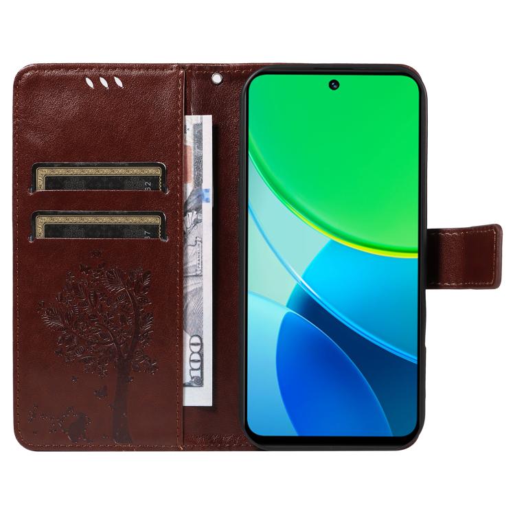 For vivo Y19 4G Global Tree & Cat Embossed Pattern Flip Leather Phone Case