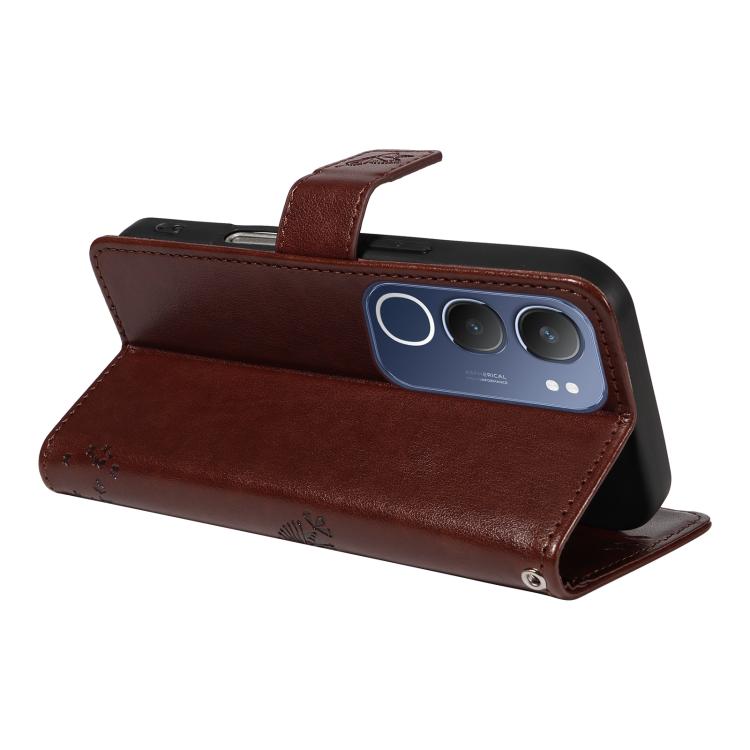For vivo Y19 4G Global Tree & Cat Embossed Pattern Flip Leather Phone Case