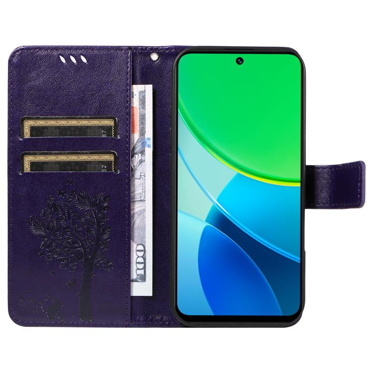 For vivo Y19 4G Global Tree & Cat Embossed Pattern Flip Leather Phone Case