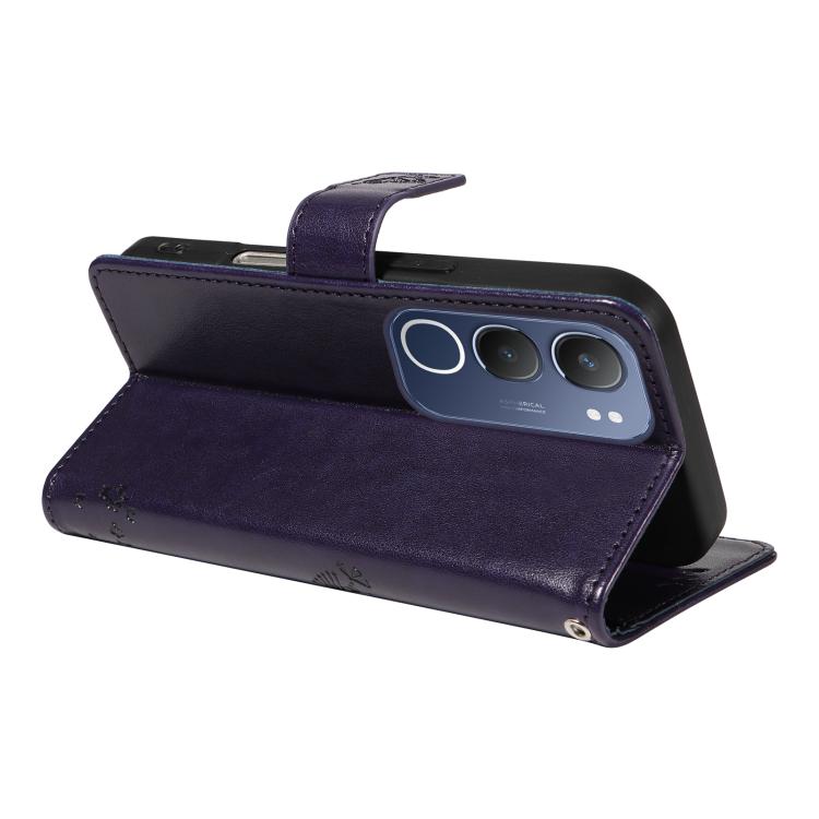 For vivo Y19 4G Global Tree & Cat Embossed Pattern Flip Leather Phone Case