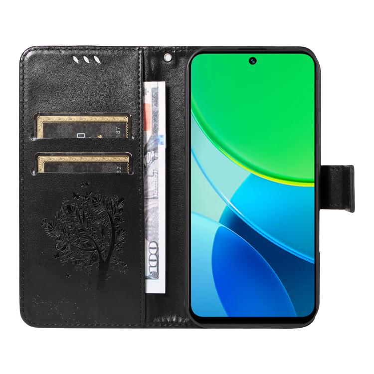 For vivo Y19 4G Global Tree & Cat Embossed Pattern Flip Leather Phone Case