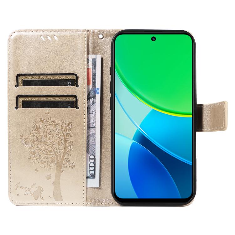 For vivo Y19 4G Global Tree & Cat Embossed Pattern Flip Leather Phone Case