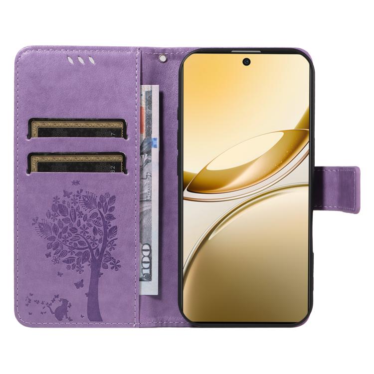 For vivo V50 5G Global Tree & Cat Embossed Pattern Flip Leather Phone Case