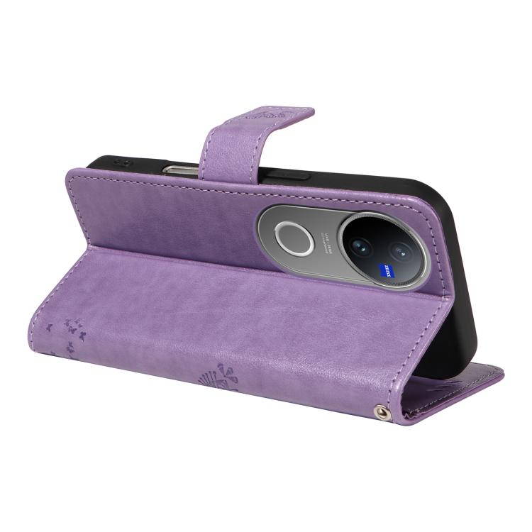 For vivo V50 5G Global Tree & Cat Embossed Pattern Flip Leather Phone Case