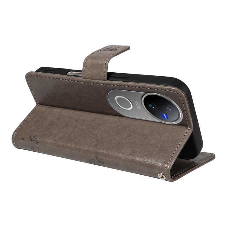 For vivo V50 5G Global Tree & Cat Embossed Pattern Flip Leather Phone Case