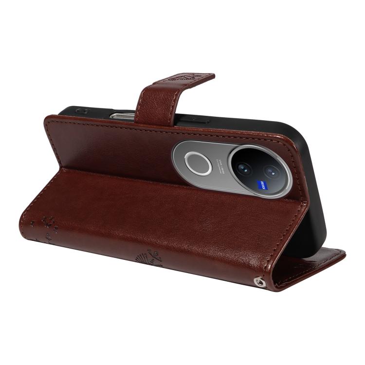 For vivo V50 5G Global Tree & Cat Embossed Pattern Flip Leather Phone Case