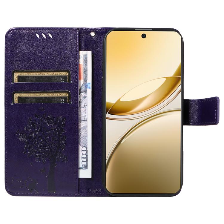 For vivo V50 5G Global Tree & Cat Embossed Pattern Flip Leather Phone Case