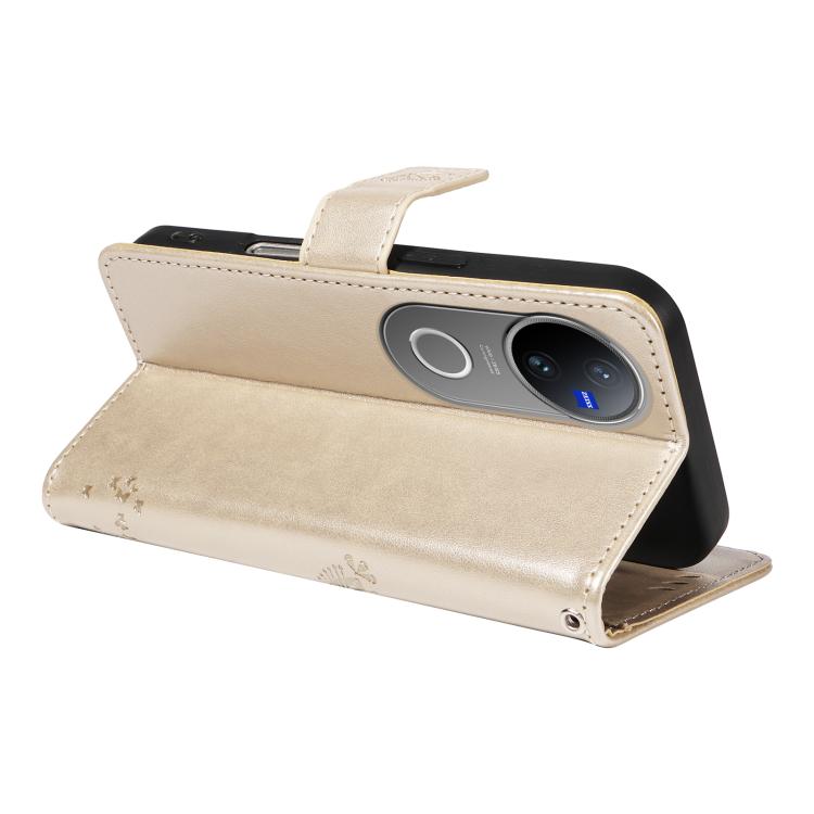For vivo V50 5G Global Tree & Cat Embossed Pattern Flip Leather Phone Case
