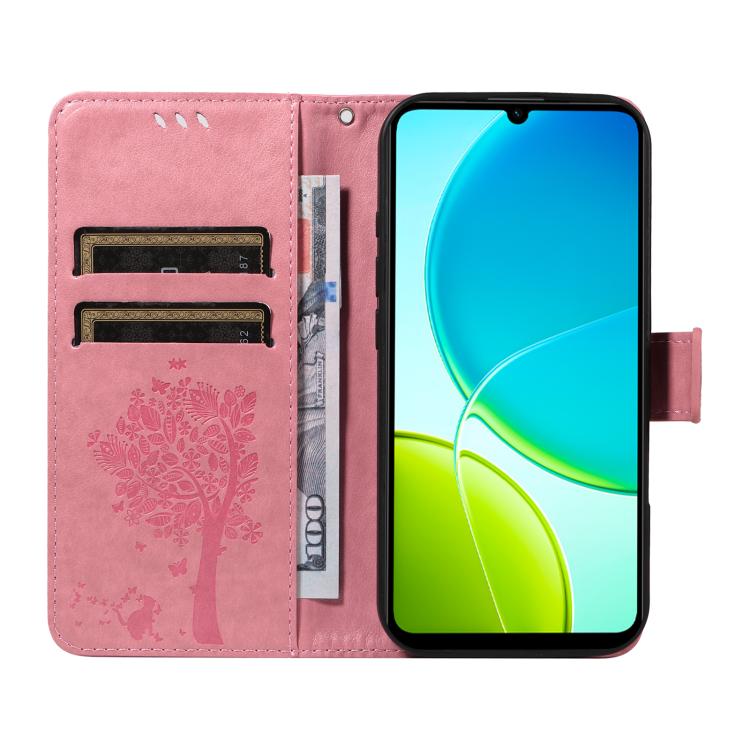 For vivo Y29S 5G / Y04 Tree & Cat Embossed Pattern Flip Leather Phone Case