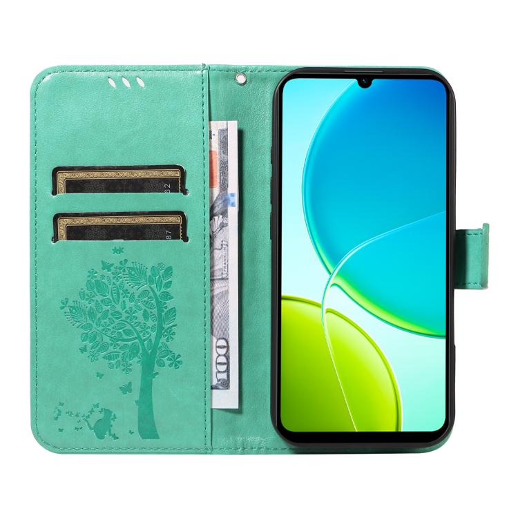 For vivo Y29S 5G / Y04 Tree & Cat Embossed Pattern Flip Leather Phone Case