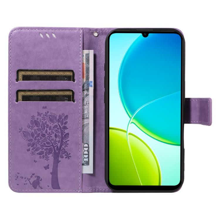 For vivo Y29S 5G / Y04 Tree & Cat Embossed Pattern Flip Leather Phone Case