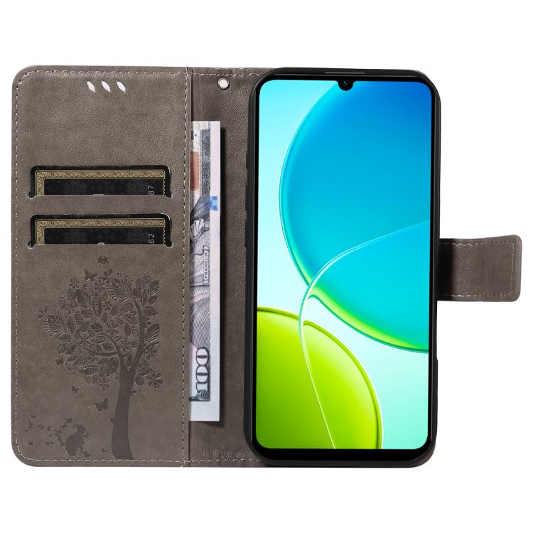 For vivo Y29S 5G / Y04 Tree & Cat Embossed Pattern Flip Leather Phone Case