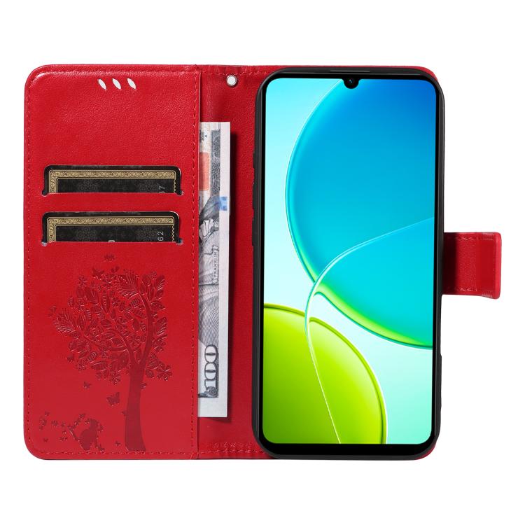 For vivo Y29S 5G / Y04 Tree & Cat Embossed Pattern Flip Leather Phone Case