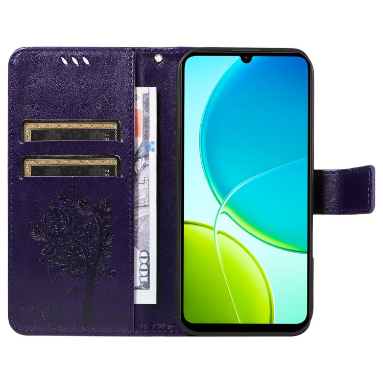 For vivo Y29S 5G / Y04 Tree & Cat Embossed Pattern Flip Leather Phone Case
