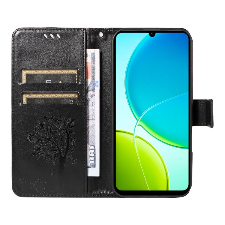 For vivo Y29S 5G / Y04 Tree & Cat Embossed Pattern Flip Leather Phone Case