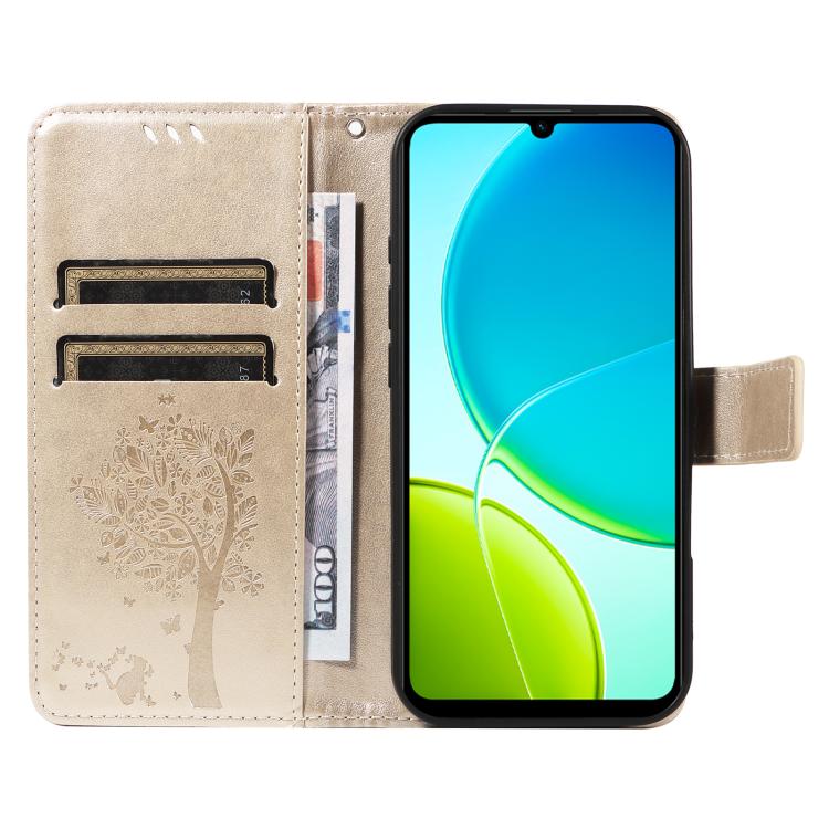 For vivo Y29S 5G / Y04 Tree & Cat Embossed Pattern Flip Leather Phone Case