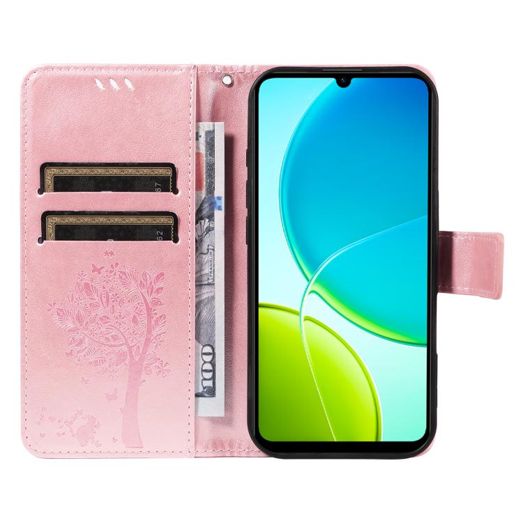 For vivo Y29S 5G / Y04 Tree & Cat Embossed Pattern Flip Leather Phone Case