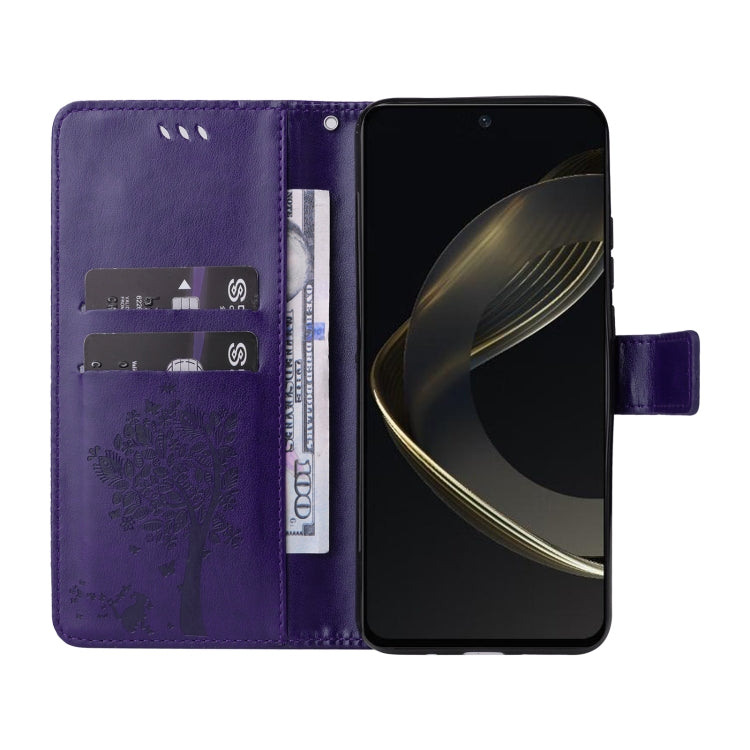 For Huawei nova 12 SE / nova 11 SE Tree & Cat Embossed Pattern Flip Leather Phone Case