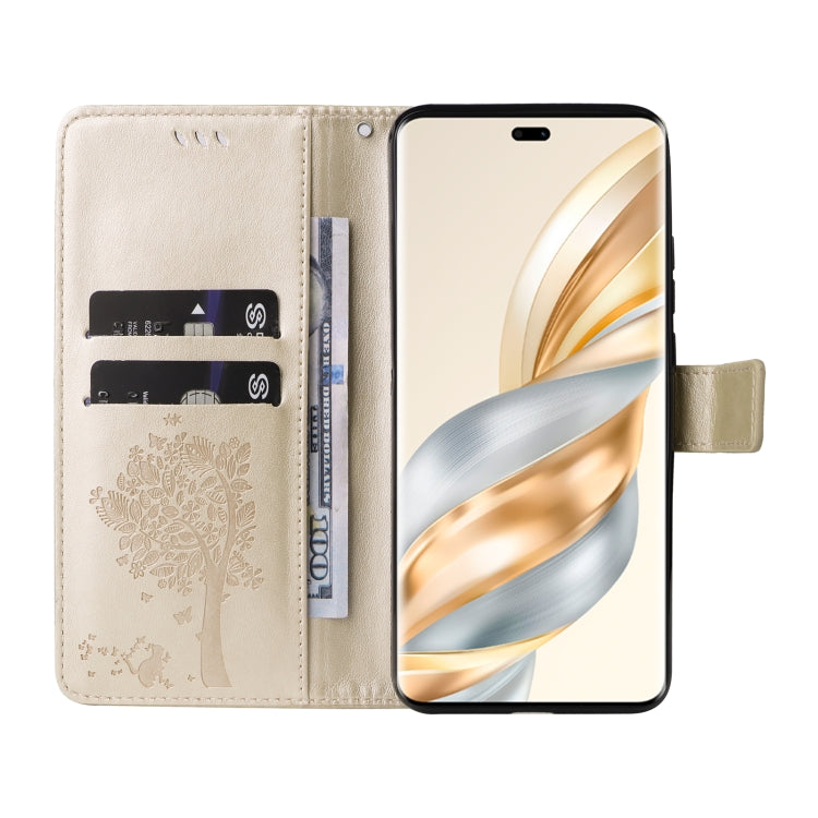 For Honor X9C 5G Global Tree & Cat Embossed Pattern Flip Leather Phone Case