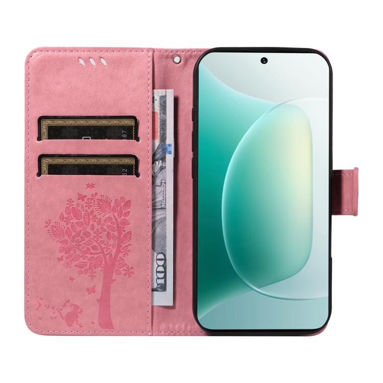 For Honor 300 Tree & Cat Embossed Pattern Flip Leather Phone Case