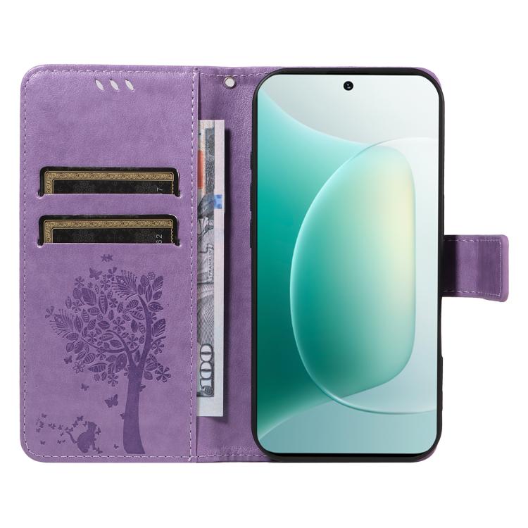 For Honor 300 Tree & Cat Embossed Pattern Flip Leather Phone Case