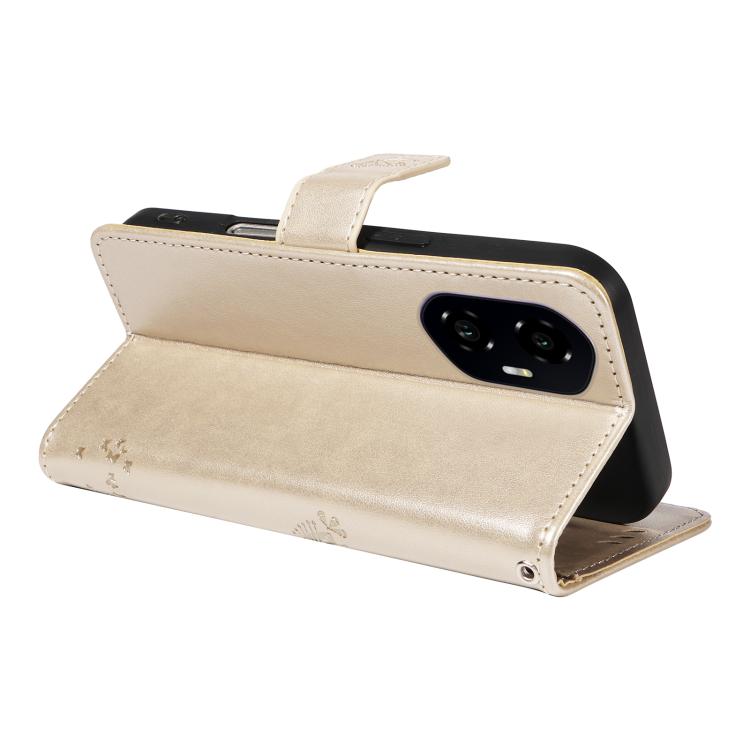 For Honor 300 Tree & Cat Embossed Pattern Flip Leather Phone Case