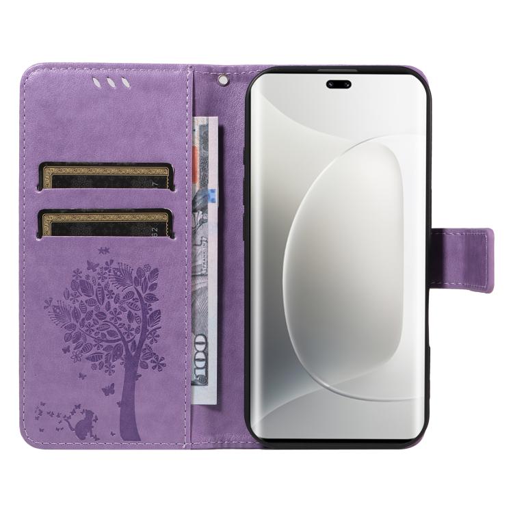 For Honor 300 Pro / 300 Ultra Tree & Cat Embossed Pattern Flip Leather Phone Case