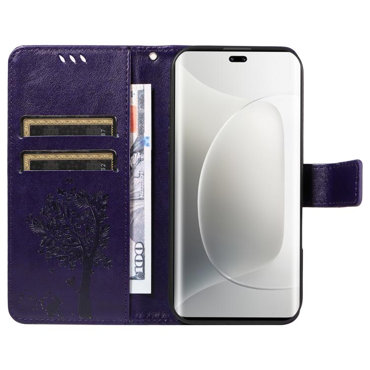 For Honor 300 Pro / 300 Ultra Tree & Cat Embossed Pattern Flip Leather Phone Case