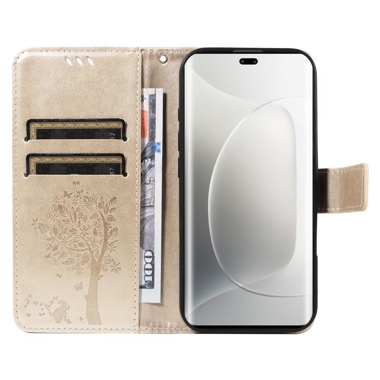For Honor 300 Pro / 300 Ultra Tree & Cat Embossed Pattern Flip Leather Phone Case