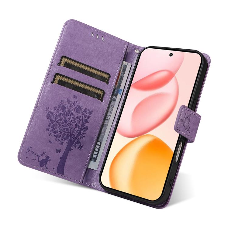 For Honor 400 Global 156.5mm Tree & Cat Embossed Pattern Flip Leather Phone Case