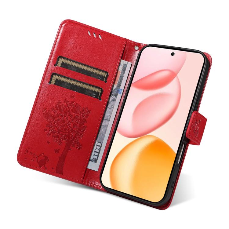 For Honor 400 Global 156.5mm Tree & Cat Embossed Pattern Flip Leather Phone Case