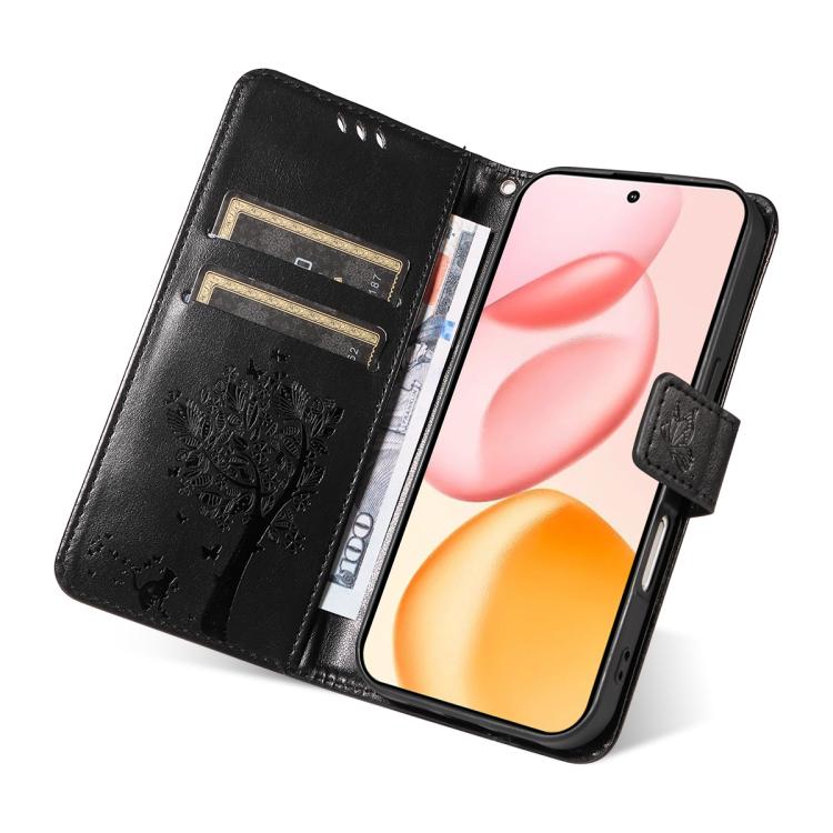 For Honor 400 Global 156.5mm Tree & Cat Embossed Pattern Flip Leather Phone Case
