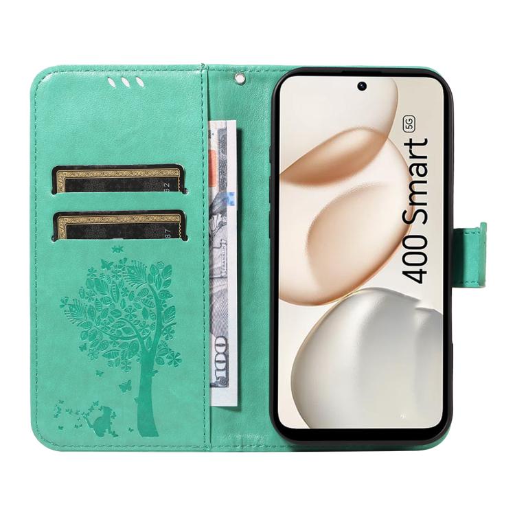 For Honor 400 Smart 5G Tree & Cat Embossed Pattern Flip Leather Phone Case