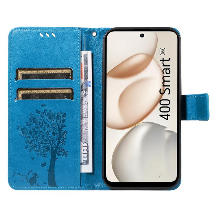 For Honor 400 Smart 5G Tree & Cat Embossed Pattern Flip Leather Phone Case