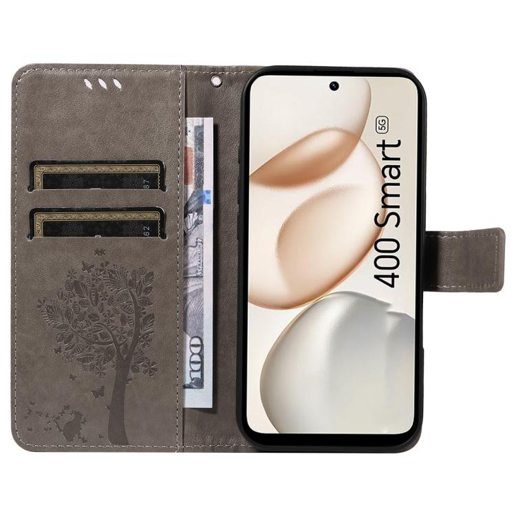 For Honor 400 Smart 5G Tree & Cat Embossed Pattern Flip Leather Phone Case