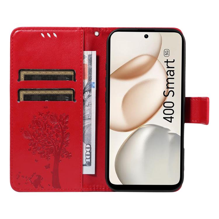 For Honor 400 Smart 5G Tree & Cat Embossed Pattern Flip Leather Phone Case