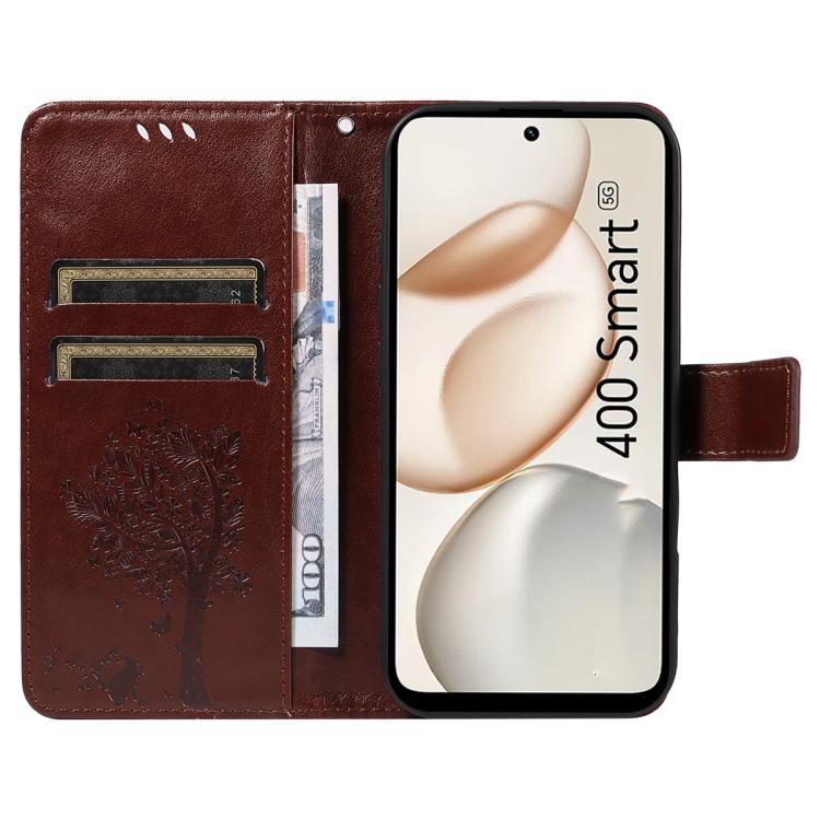 For Honor 400 Smart 5G Tree & Cat Embossed Pattern Flip Leather Phone Case